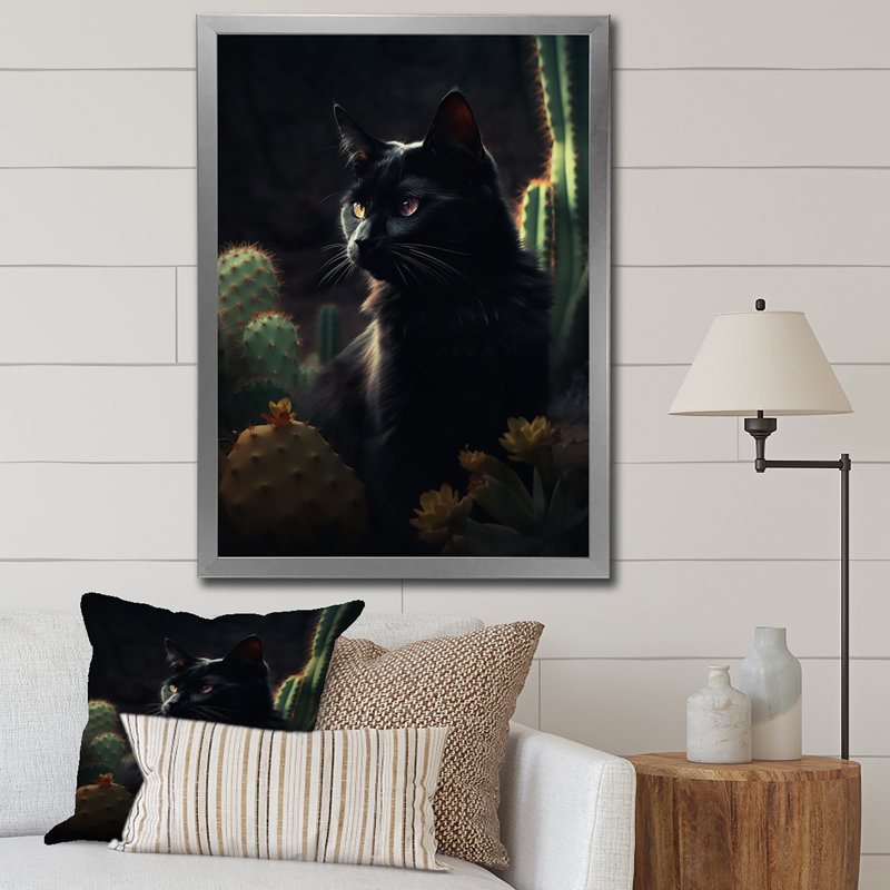 Portrait d'un chat noir, photographie I, Cadre simple argenté, H 40 po x l 30 po x P 1,5 po