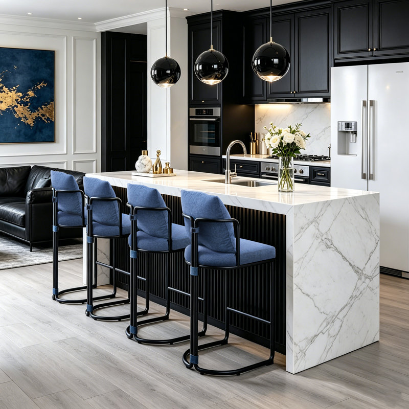 26'' Chenille Counter Stools With Backrest & Metal Frame, Modern Upholstered Bar Chairs For Kitchen Island, 4, Blue