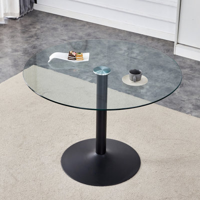 Table de salle à manger ronde de 40 po en verre trempé transparent avec support et base en métal noir, verre renforcé, pulvérisation de tuyaux en fer, convient aux restaurants, salons et salles de conférence