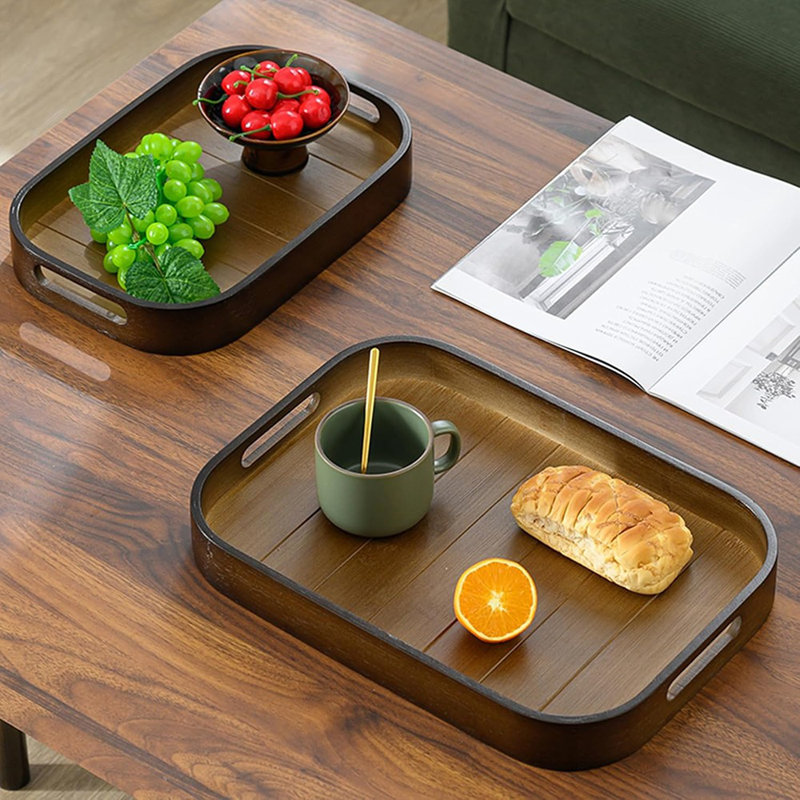 Bamboo Serving Tray With Handles, PDUHKO Coffee Table Tr...