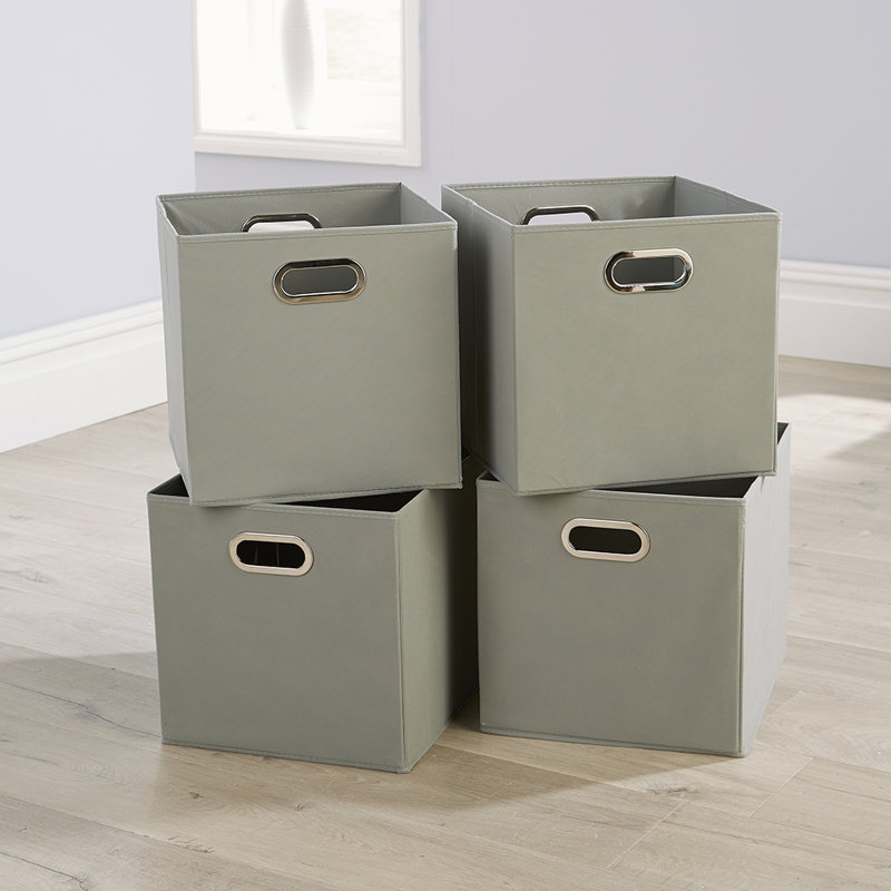 Pack of 4 Folding Soft Storage Utility Cube Basket Boxes, Light Grey