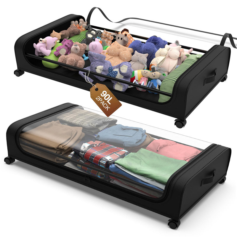 Under Bed Storage With Wheels, 2Pack Under The Bed Storage Containers With Clear Window Lid, 45L Large Capacity Underbed Storage Containers, Underbed Storage Bins For Clothes, Toys And Shoes, Bedding