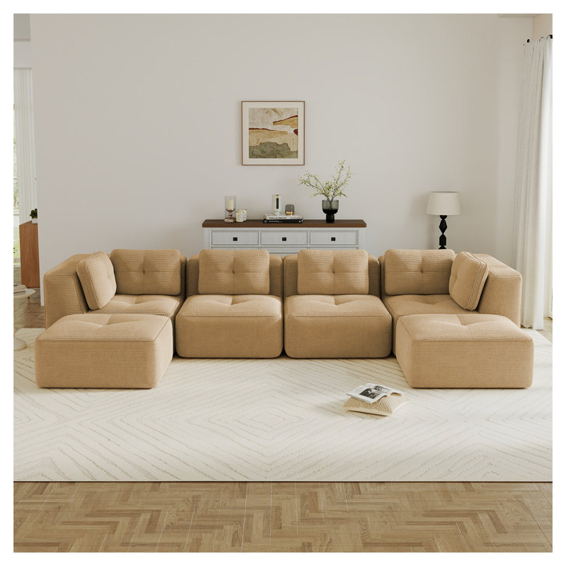 Canapé modulaire en velours côtelé 4 places avec 2 repose-pieds mobiles, aucun assemblage requis, Velours côtelé brun clair