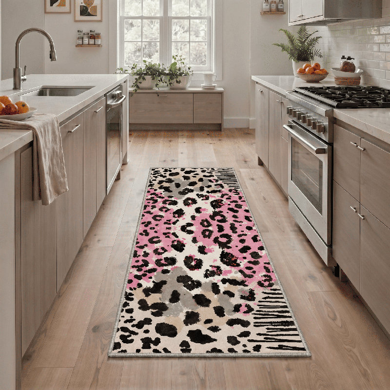 Verona Animal Leopard Print Machine Washable Pink / Beige / Black / Gray Indoor Area Rug with Non-Slip Backing