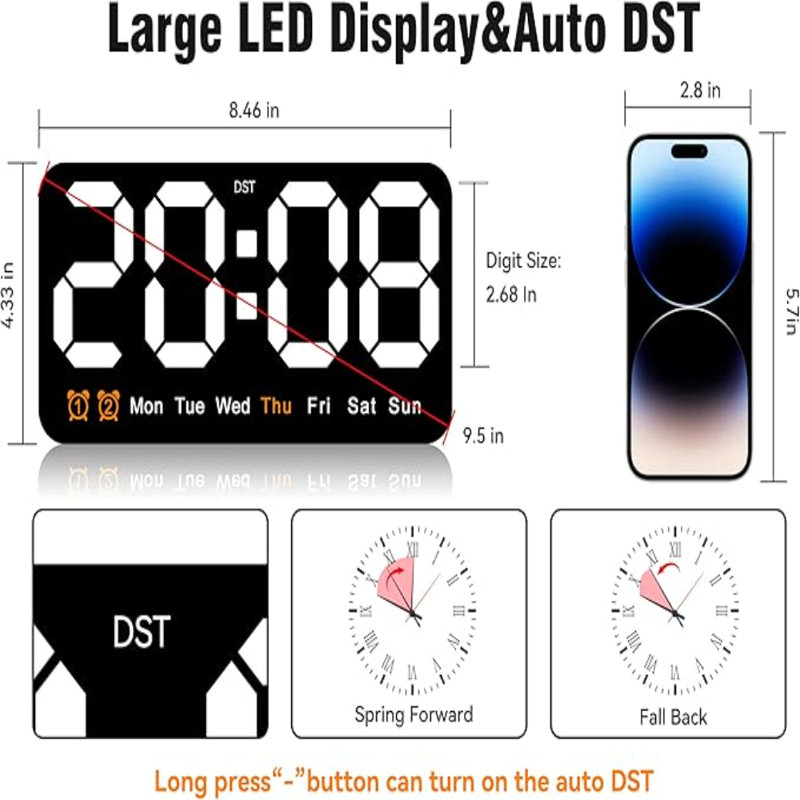 Large Digital Wall Clock,9.5 Inch,Led Alarm Clock With Big Digits,DST,Dual Alarm,3-Level Brightness For Living Room Bedrooms Classroom Decor-White