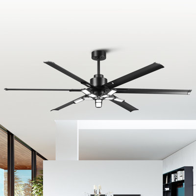72" Modern Industrial Black Commercial HVLS Ceiling Fan with Foldable LED Lights and Remote Control, 6-Speed Reversible DC Motor, Timer, 6 Extra Large Aluminum Blades, 10"&24" Downrods Included
