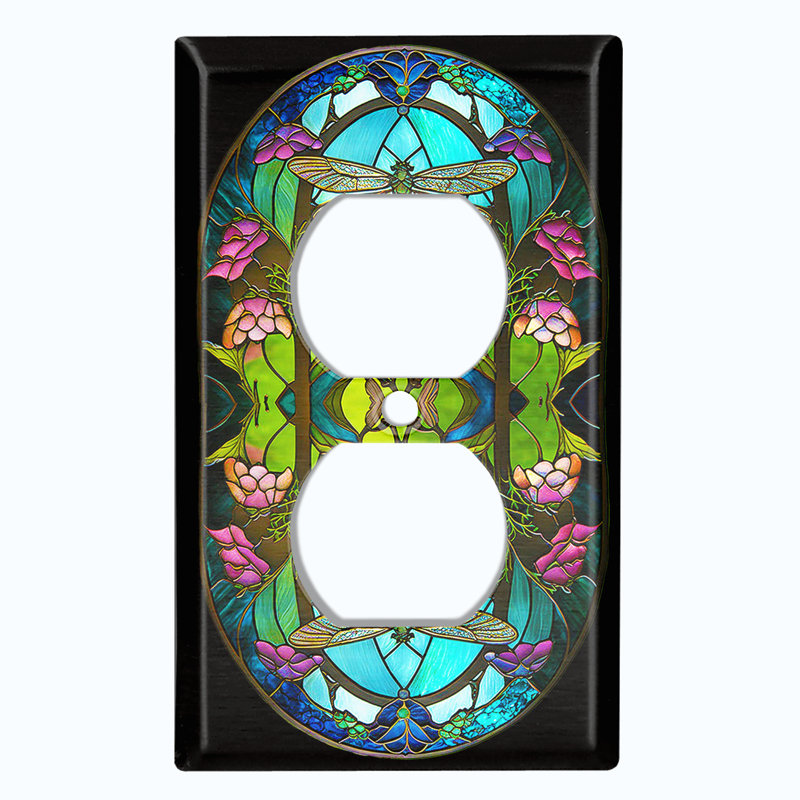 Metal Light Switch Plate Outlet Cover (Beautiful Dragon Fly Flower  - Single Duplex)