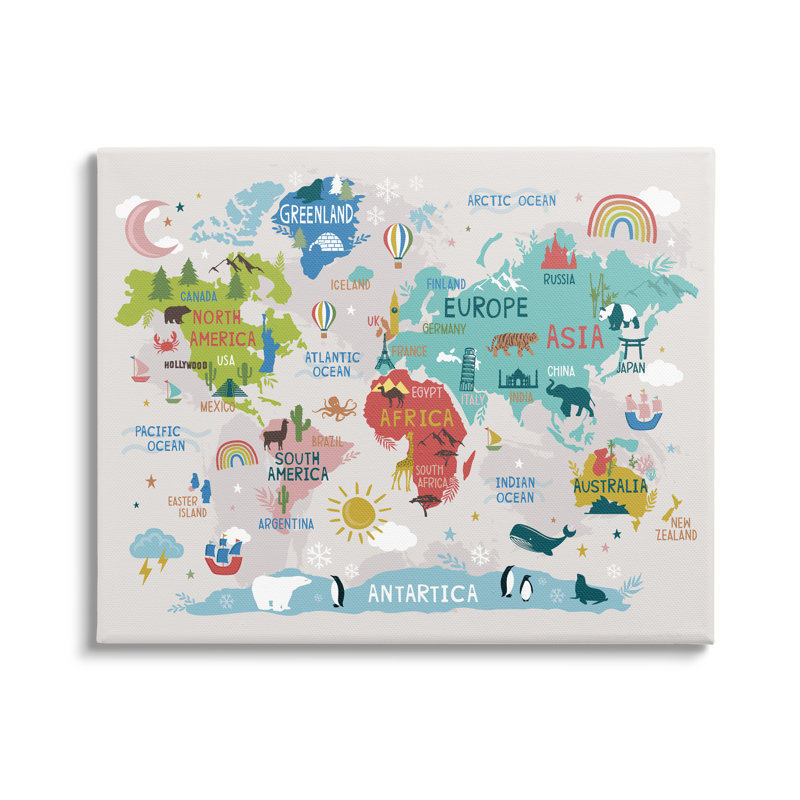 " Landmarks & Wildlife Illustration World Map Diagram Chart " by Lisa Perry Whitebutton, 48" W x 36" H, Wrapped Canvas