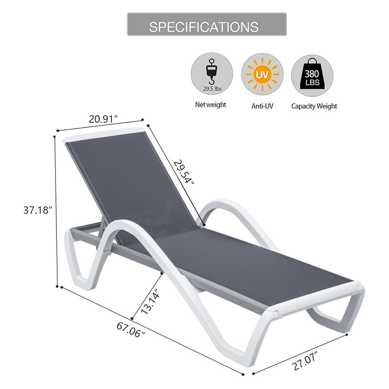 Adjustable Outdoor Chaise Lounge Chair with Armrests - All-Weather Aluminum Pool Lounger with Textilene Mesh, Portable Patio Sunbed for Lawn & Deck (Gray)