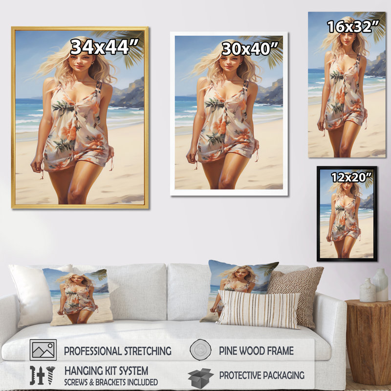 Beauté blonde marchant sur le rivage, Encadrement doré, H 44 po x l 34 po x P 1,5 po
