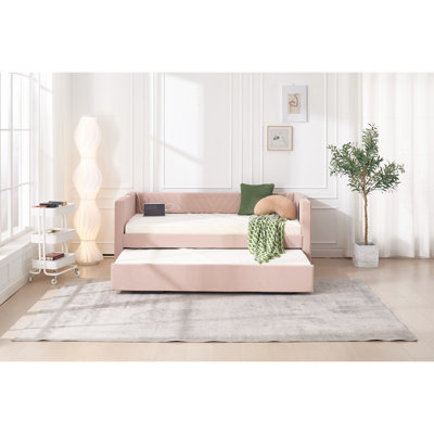 Lit de jour simple rose avec lit gigogne, revêtu de velours, port de charge, poches latérales, dossier à grain de V moderne, pour chambre à coucher, sans sommier, revêtement en velours à installation rapide, chambre d'amis convenable, boîte
