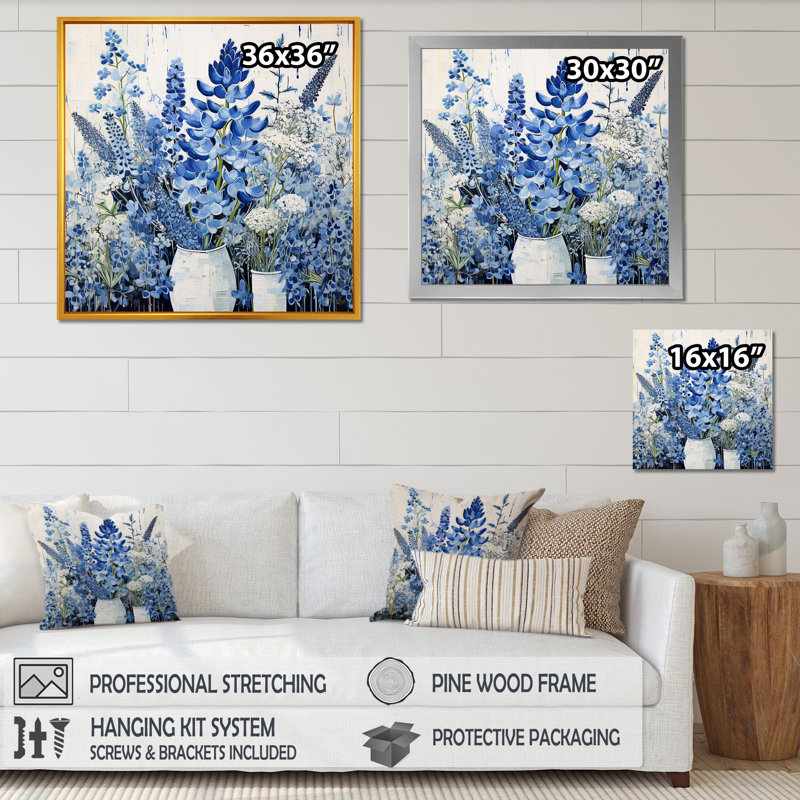 «Blue Bonnets In Vase Minimalisme Harmony», reproduction sur toile, H 24 po x l 24 po x P 1 po, Noir