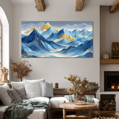 Abstrait, art mural sur toile de montagne pour le salon, décorations murales bleues et dorées pour chambre à coucher, reproduction d'art sur toile tendue, 12 x 24 po