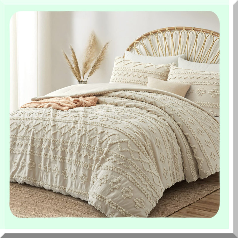 Boho Chic Tufted Comforter Set - Beige Queen Bedding Ensemble with 2 Pillowcases - Shabby Elegance 3 Piece Queen Comforter Set