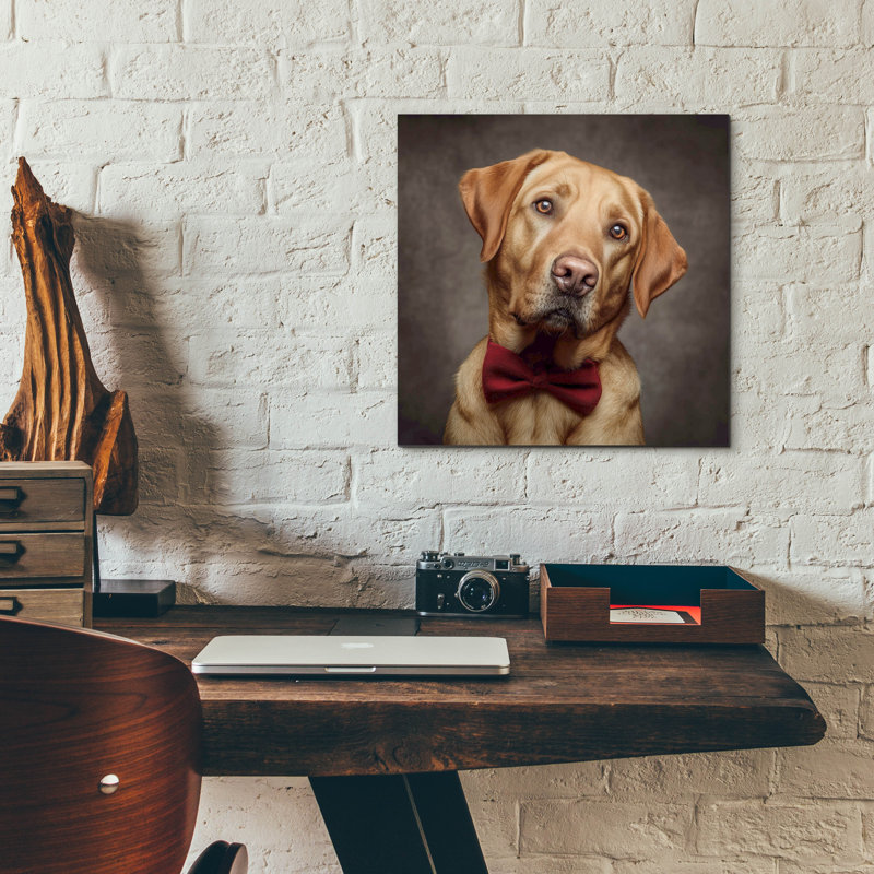 Art mural en verre épique «Labrador Retriever In Bowtie» par Rich Monet, 12 po x 12 po