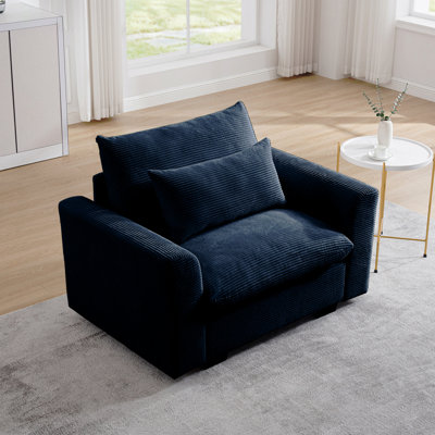 Fauteuil d'appoint simple bleu profond en velours côtelé, canapé profond avec coussin à la taille pour le salon / appartement / bureau