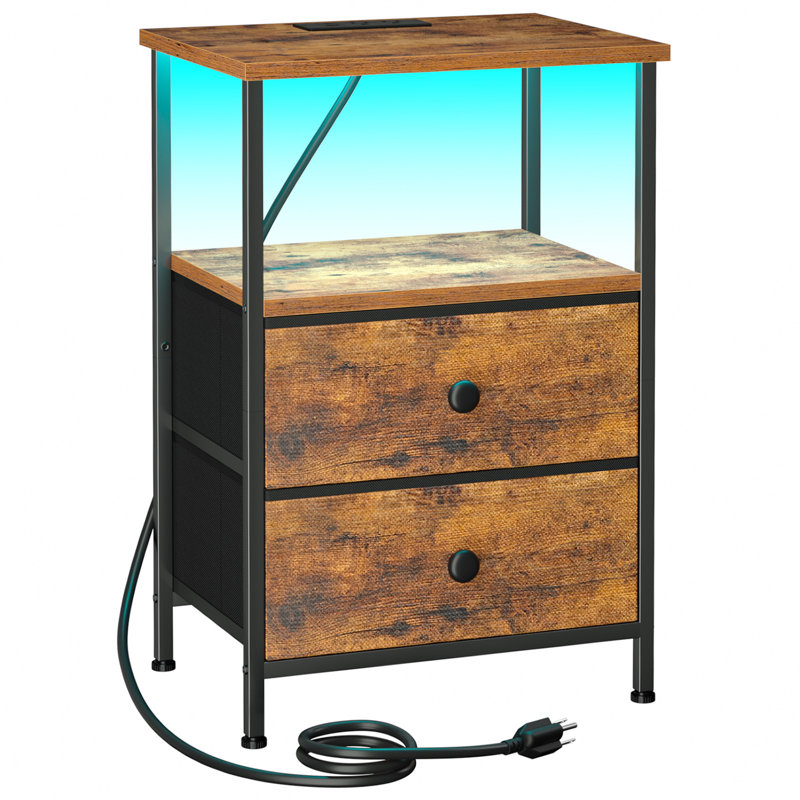 Table de chevet industrielle avec station de charge, lumière DEL, 2 tiroirs