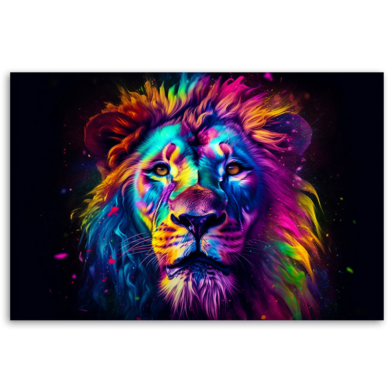 Colour Neon Portrait Of A Lion - No Frame Print on Canvas, 60cm H x 90cm W
