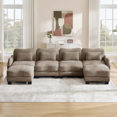 Canapé surdimensionné en U en chenille avec 4 coussins de taille exquise, canapé 4 places avec 2 repose-pieds mobiles