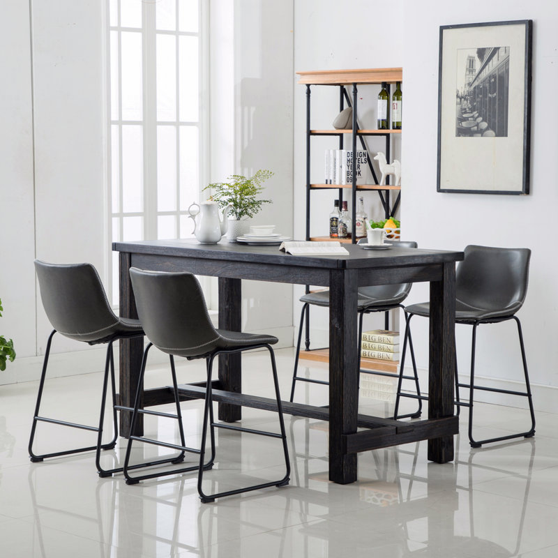 Ensemble de salle à manger à hauteur de comptoir en bois antique: table et quatre chaises grises