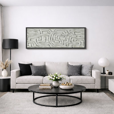 Abstract Black Line Maze Minimalist Artwork, Modern Living Room Pictures, Framed Canvas Giclee Print Wall Art