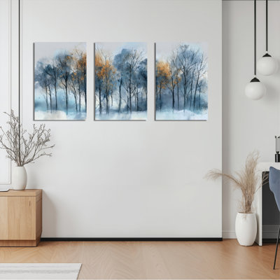 Ensemble de 3 toiles abstraites représentant un paysage de forêt hivernale, idéales pour la décoration du salon et de la chambre.