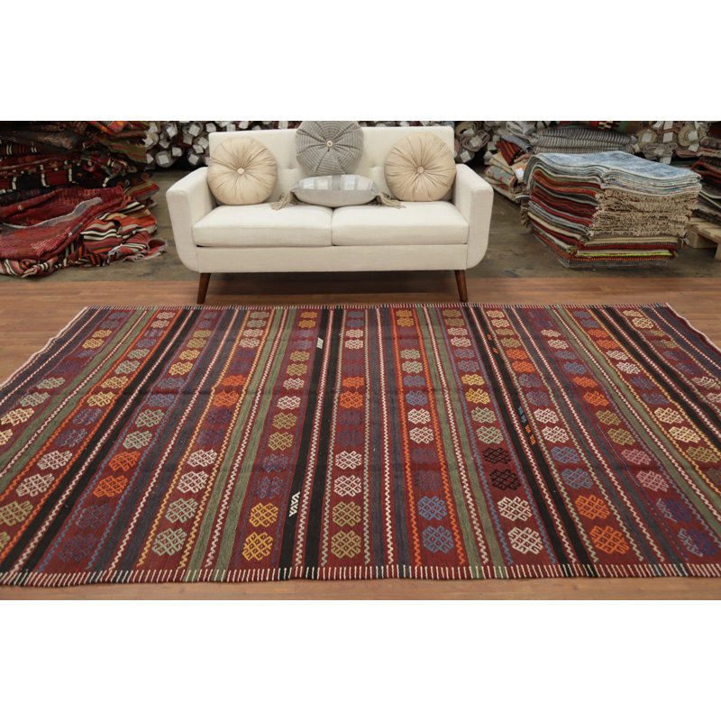 Tapis kilim rayé tissé à la main 6 x 10 avec des accents de couleurs vives