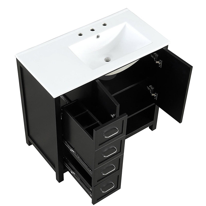 Meuble-lavabo de salle de bain avec comptoir de lavabo, meuble-lavabo avec deux portes et deux tiroirs, bois massif, tablettes ouvertes, panneau de fibres à densité moyenne, un paquet