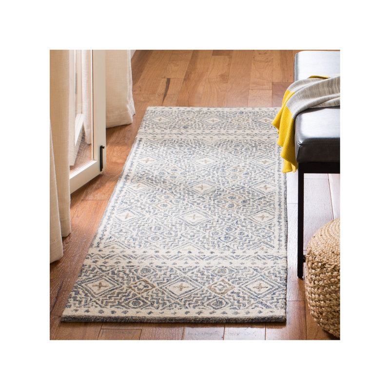 Devoe Hand Tufted Wool/Cotton Southwestern Rug in Ivory/Blue, Runner 2'3" x 13'