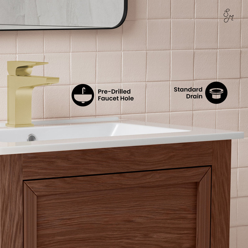 Meuble-lavabo autoportant 24 po Nadar en chêne brun avec comptoir Nadar, Trou unique, Blanc