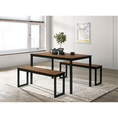 Industrial Style 3Pc Dining Set 1X Dining Table 2X Bench U-Shape Metal Legs Wooden Top Walnut And Black Finish
