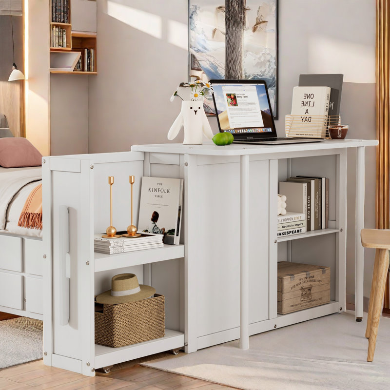 Matheny With Desk And Storage Shelves, Built-in Trundle And 3 Drawers, White