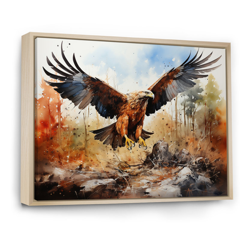 Aigle en vol chasse sur toile, Cadre naturel flottant, H 24 po x l 32 po x P 1 po