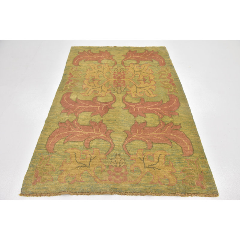 Tapis zone en laine vert/orange 4 pi 4 po x 6 pi noué la one-of-kind Mehdi