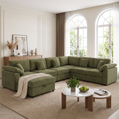 Canapé d'angle modulaire 7 pièces en chenille de 144 po avec pouf, assise large et profonde