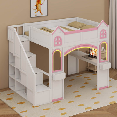 Princess-Themed Castle Loft Bed With Adjustable Study Desk, Storage Staircase, LED Lighting, And Decorative Shelves - Full Size Wooden Bed