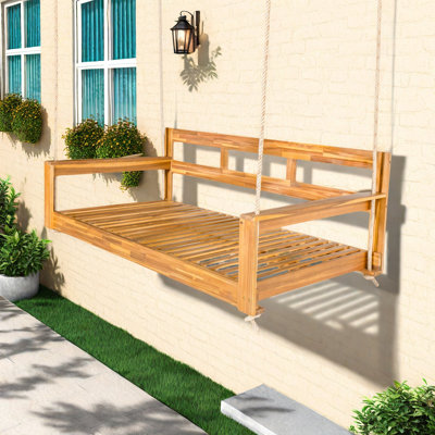 Patio Wooden Twin Size Porch Swing Daybed Frame, Garden Swing Bench Chair With 4 Hanging Ropes For Backyard,Outdoor