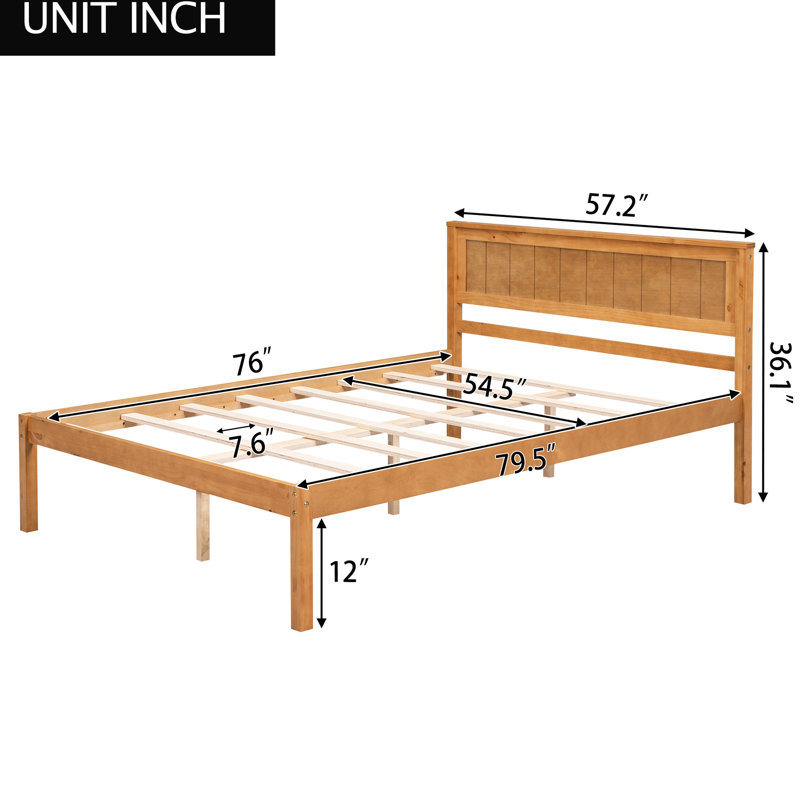 Structure de lit double avec tête de lit robuste - support à lattes de bois, sans sommier, base robuste en chêne, ressort