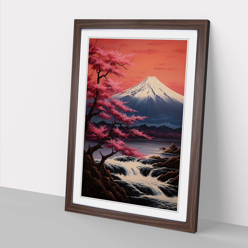 Mount Fuji Romanticism - Single Picture Frame Print on Wood, 34cm H x 25cm W x 2cm D, Walnut Framed