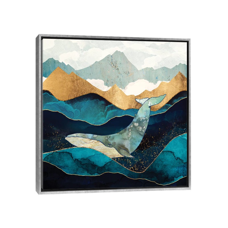 Baleine bleue - reproduction d'art, Aucun mat, H 18 po x l 18 po x 1,5 po, Toile avec cadre argenté