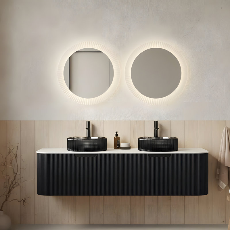 Meuble-lavabo mural 60 po avec 2 lavabos ronds noirs transparents et 2 tiroirs, 60"