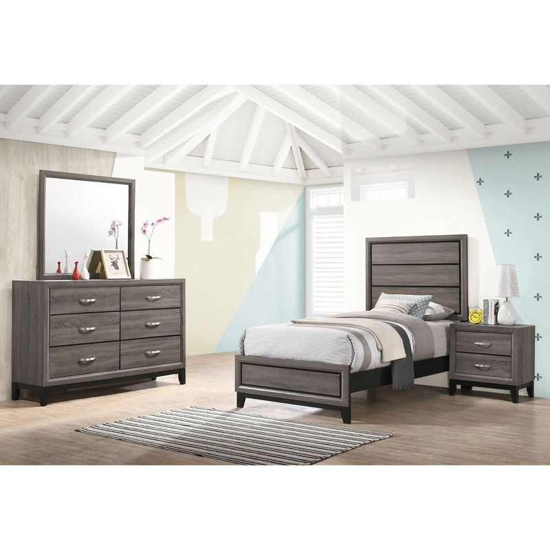 Chambre de style transitionnel, lit simple, fini chêne gris, tiroirs et allure contemporaine avec tiroirs de style anglais, quincaillerie en nickel.