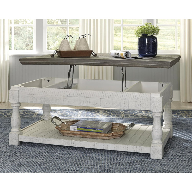 Table basse à plateau relevable avec tablette fixe et 2 plateaux de rangement cachés, fini gris patiné et blanc