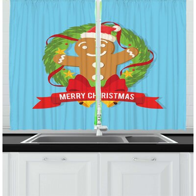 2 Piece Christmas Gingerbread Cookie Man Inside of a Noel Wreath Dark Pink Ribbon Bells Kitchen Curtain Set -  East Urban Home, CEA08E7F62804349B858B62337DA0398