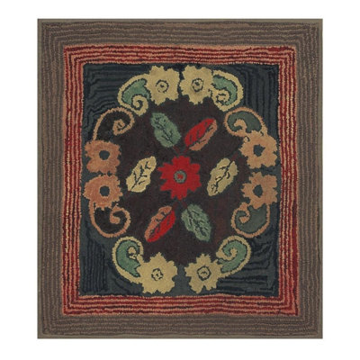 Tapis traditionnel crocheté en laine traditionnel américain à motif de feuilles des années 1880 3 pi 0 po x 3 pi 0 po