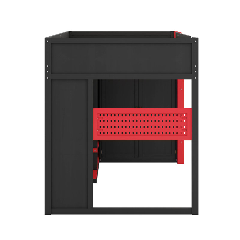 Full Size Wood Loft Bed With Desk, Multi-Storage Shelves,USB And RGB Light, Red