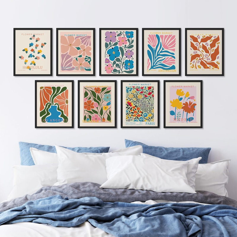 Multicolore, motif de fleurs roses, variété, nature sauvage, calme et bohème encadré sur papier, 9 pièces, Cadre noir