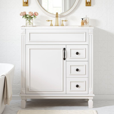 Meuble-lavabo autoportant de 30 po avec lavabo en céramique, 2 tiroirs, tablette réglable et 1 porte à fermeture douce