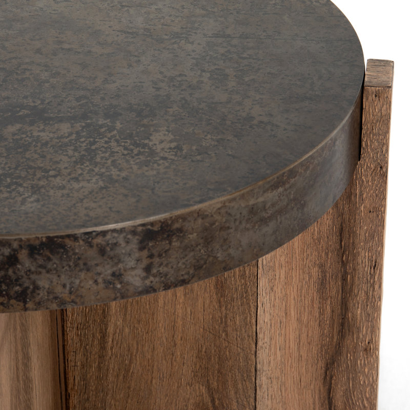 Round Black and Brown Wood Metal Side Table