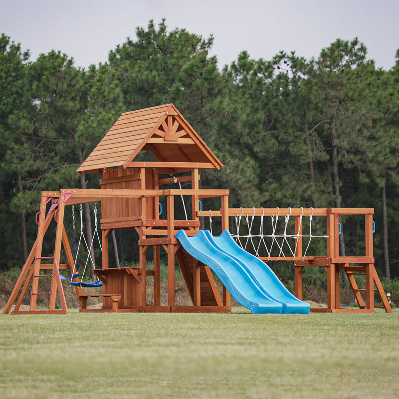 Dolphin Playground Luxury Cedar Playground Set: Double Wave Slide, 2-in-1 Table, Monkey Bars, Balance Beam, 3 Swings, Large Rock Wall, Wood Roof
